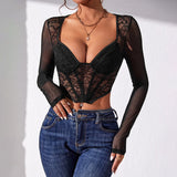 Slim-Fit Lace Top with Low Collar