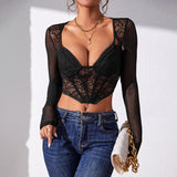 Slim-Fit Lace Top with Low Collar