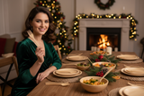 A beautiful brunette hold light bamboo fork on left hand during a Christmas party all cutlery is made from bamboo material including plates